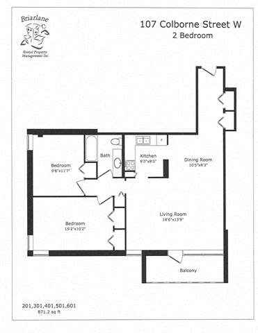 Floor plan for 2 beds, 1 bath, 871 sqft