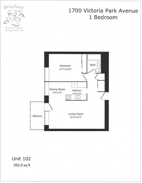 Floor plan for 1 bed, 1 bath, 619 sqft