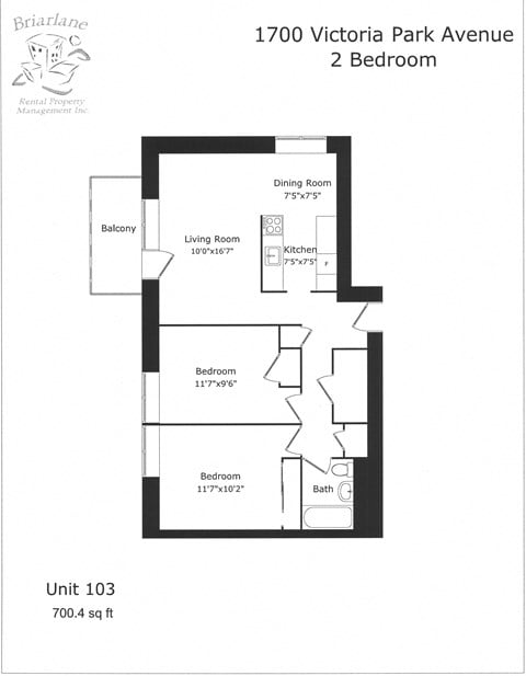 Floor plan for 2 beds, 1 bath, 801 sqft