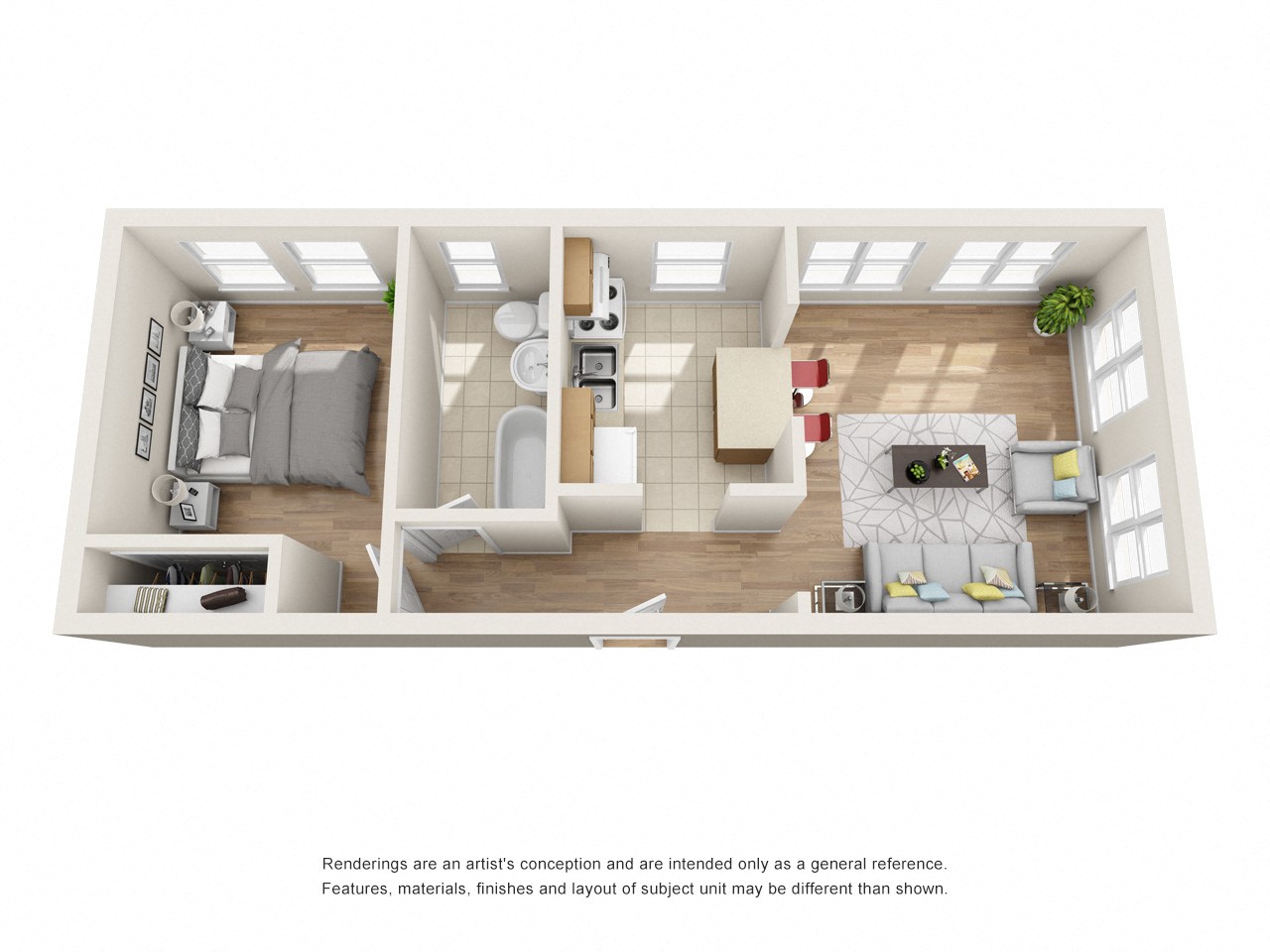 Floor plan for 1 bed, 1 bath, 575 sqft