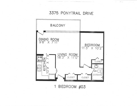 Floor plan for 1 bed, 1 bath, 605 sqft