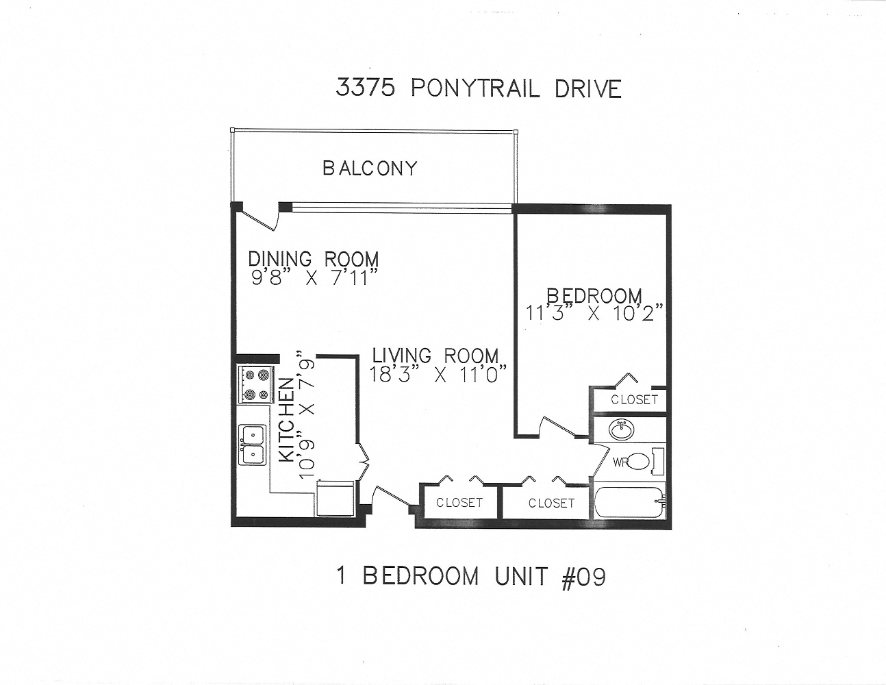Floor plan for 1 bed, 1 bath, 820 sqft