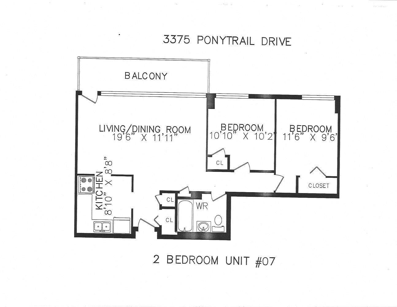 Floor plan for 2 beds, 1 bath, 710 sqft