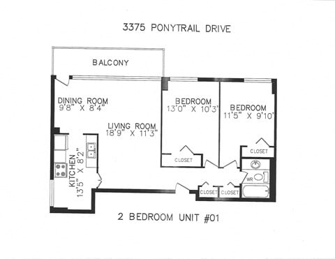 Floor plan for 2 beds, 1 bath, 820 sqft