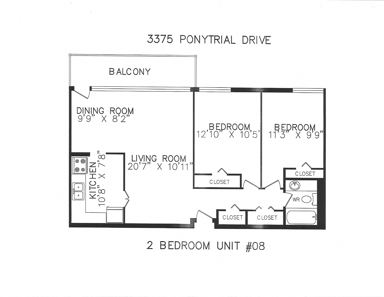 Floor plan for 2 beds, 1 bath, 820 sqft