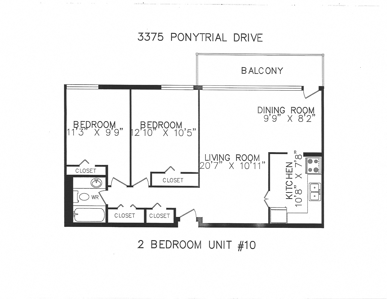 Floor plan for 2 beds, 1 bath, 820 sqft