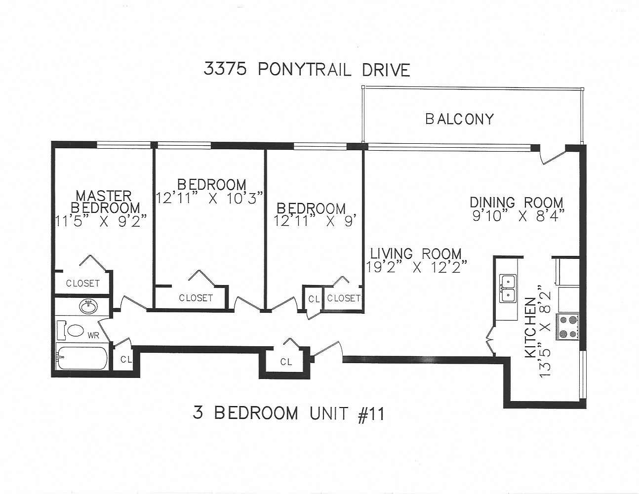 Floor plan for 3 beds, 1 bath, 995 sqft