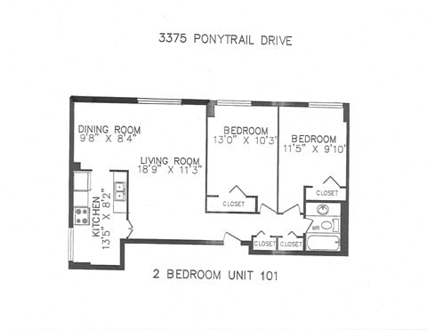 Floor plan for 2 beds, 1 bath, 820 sqft