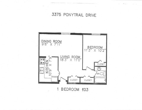 Floor plan for 1 bed, 1 bath, 605 sqft