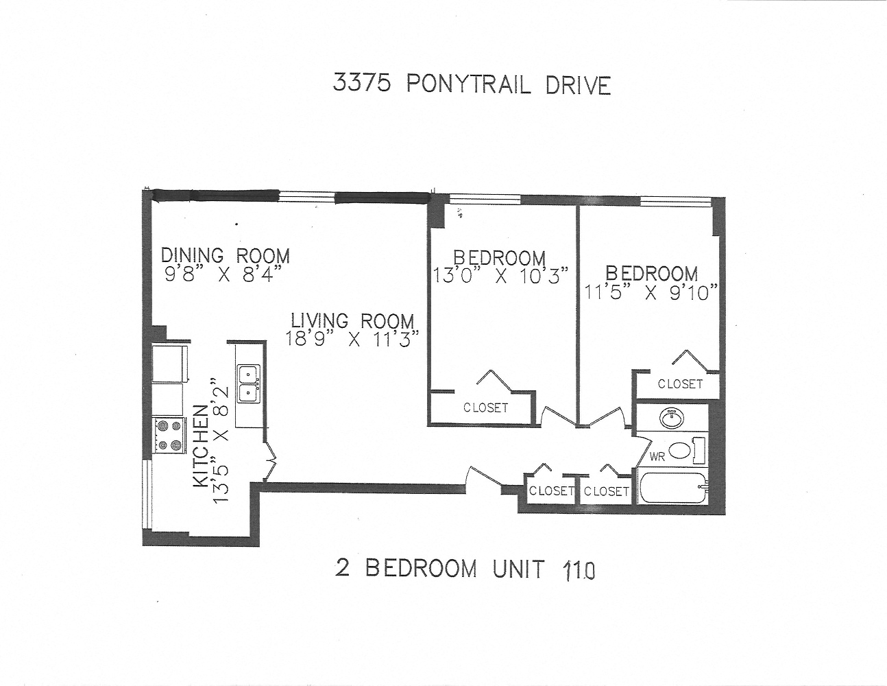 Floor plan for 2 beds, 1 bath, 820 sqft