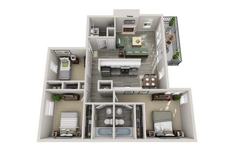 Floor plan for 3 beds, 2 baths, 1065 sqft