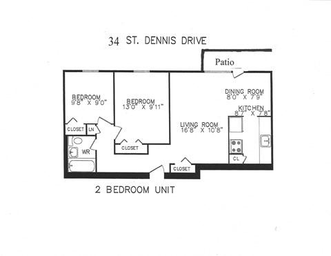 Floor plan for 2 beds, 1 bath, 675 sqft