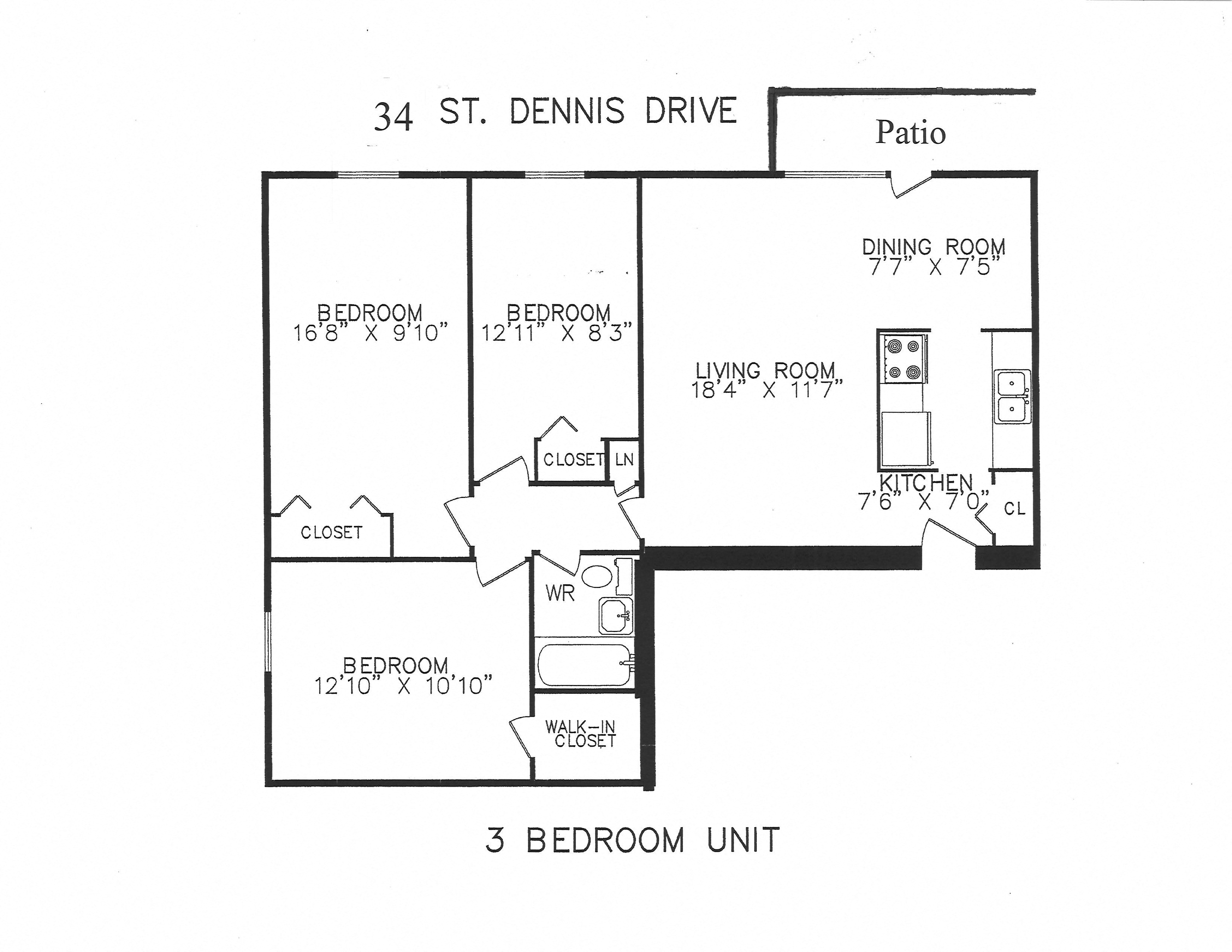Floor plan for 3 beds, 1 bath, 910 sqft