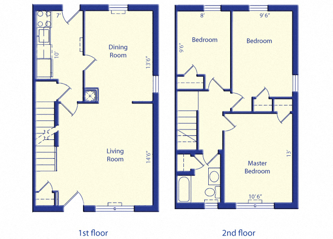 Floor plan for 3 beds, 1 bath, 990 sqft