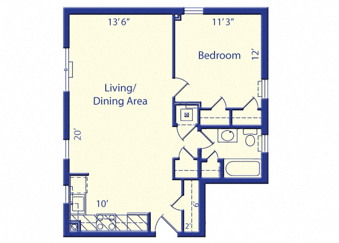 Floor plan for 1 bed, 1 bath, 659 sqft