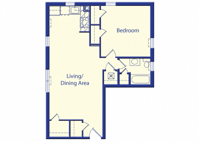 Floor plan for 1 bed, 1 bath, 659 sqft