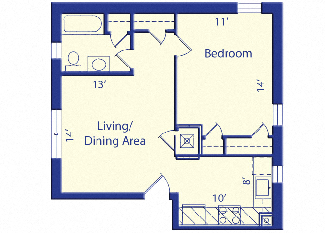 Floor plan for 1 bed, 1 bath, 550 sqft
