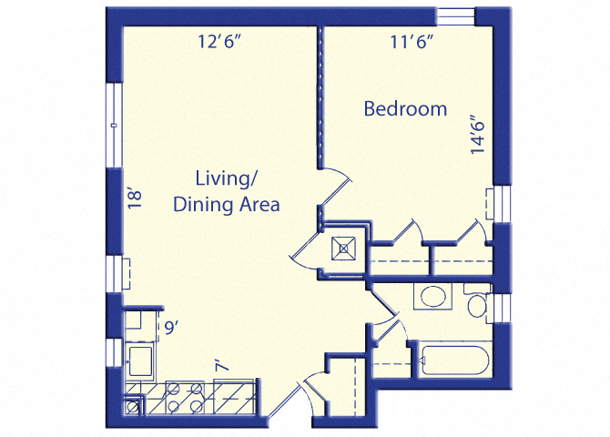 Floor plan for 1 bed, 1 bath, 606 sqft