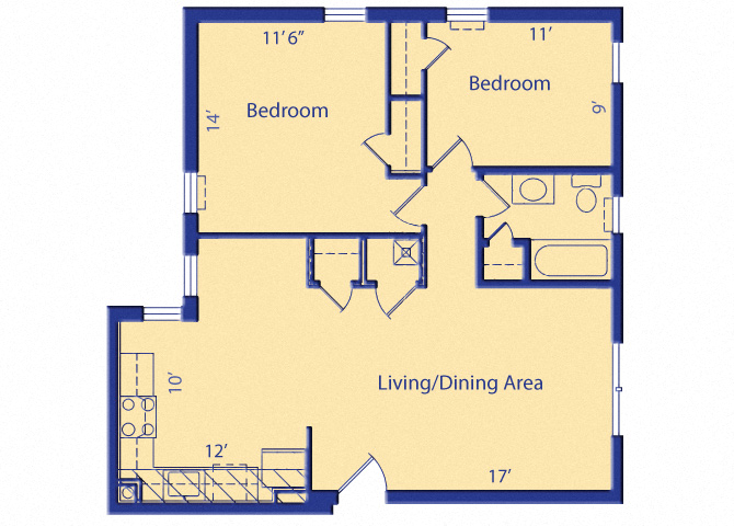 Floor plan for 2 beds, 1 bath, 729 sqft