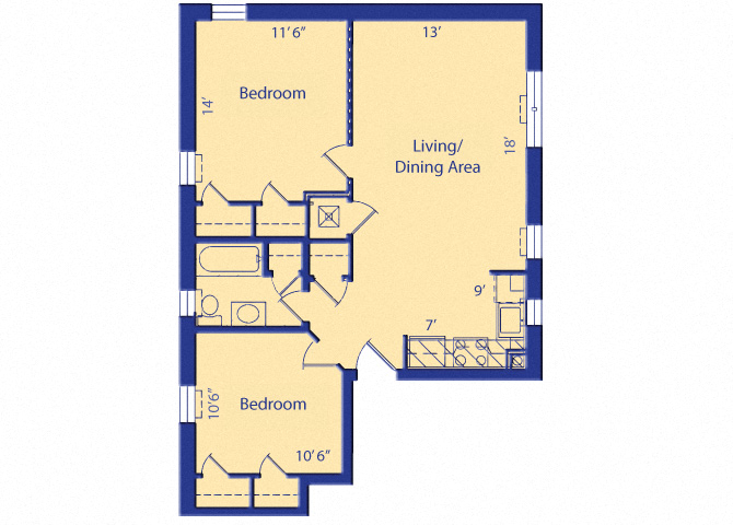 Floor plan for 2 beds, 1 bath, 651 sqft