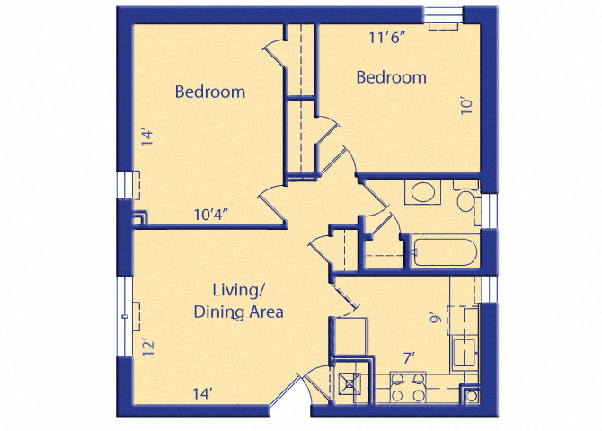 Floor plan for 2 beds, 1 bath, 651 sqft