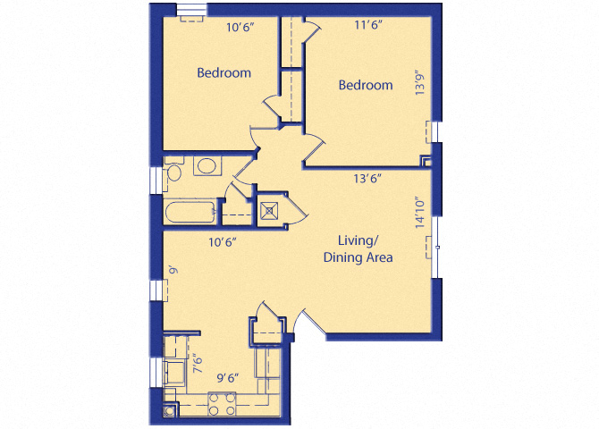 Floor plan for 2 beds, 1 bath, 782 sqft