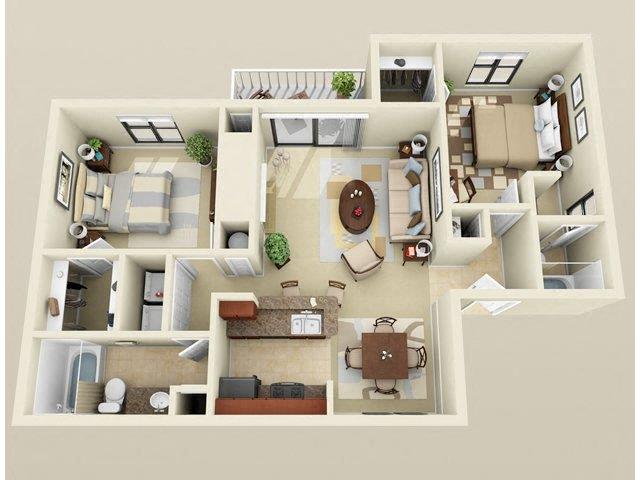 Floor plan for 2 beds, 2 baths, 905 sqft