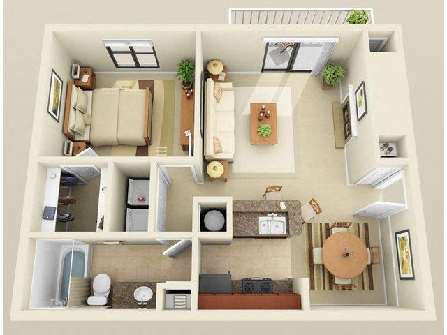 Floor plan for 1 bed, 1 bath, 654 sqft