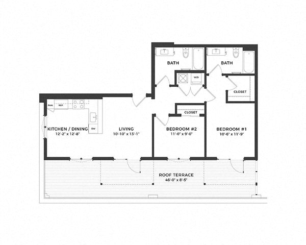 Floor plan for 2 beds, 2 baths, 831 sqft