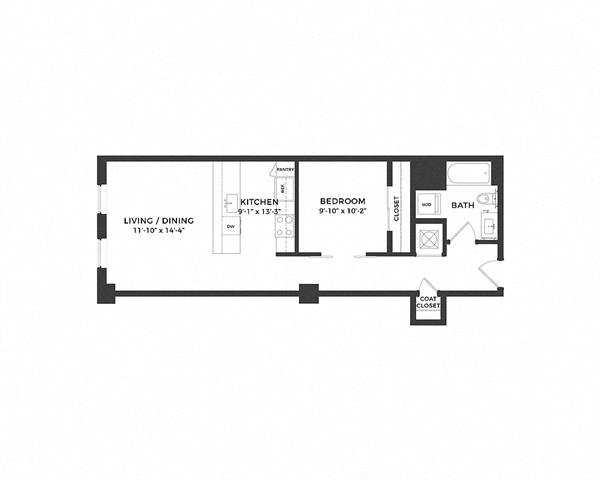 Floor plan for 1 bed, 1 bath, 620 sqft
