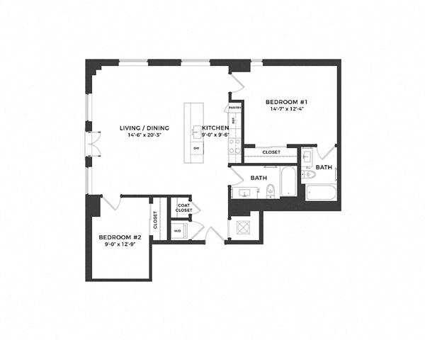 Floor plan for 2 beds, 2 baths, 1031 sqft