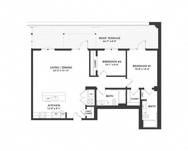 Floor plan for 2 beds, 2 baths, 889 sqft
