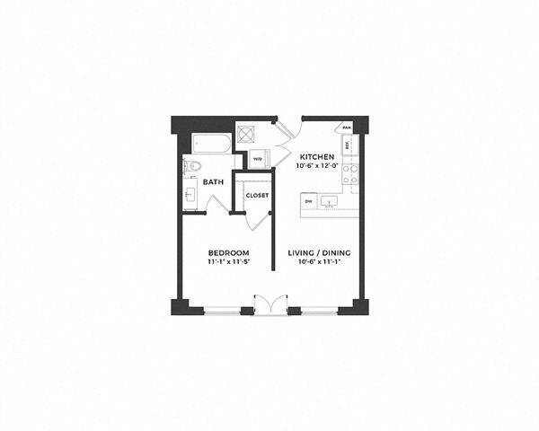 Floor plan for 1 bed, 1 bath, 538 sqft