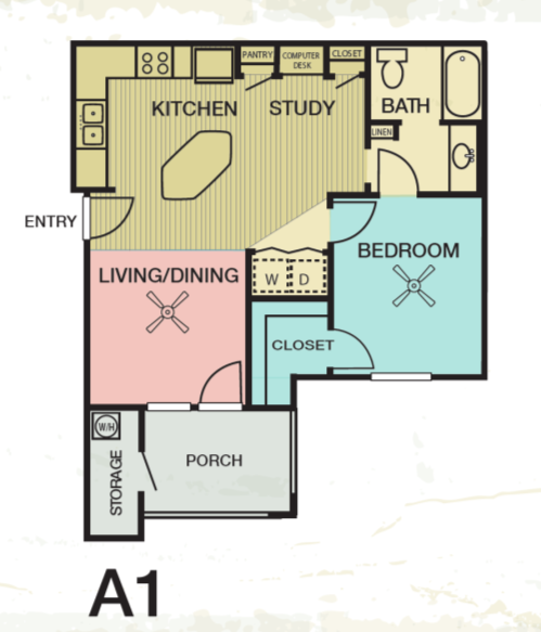 Floor plan for 1 bed, 1 bath, 714 sqft