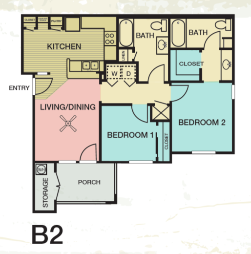 Floor plan for 2 beds, 2 baths, 950 sqft