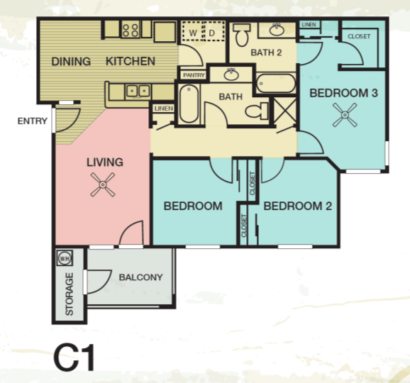 Floor plan for 3 beds, 2 baths, 1136 sqft