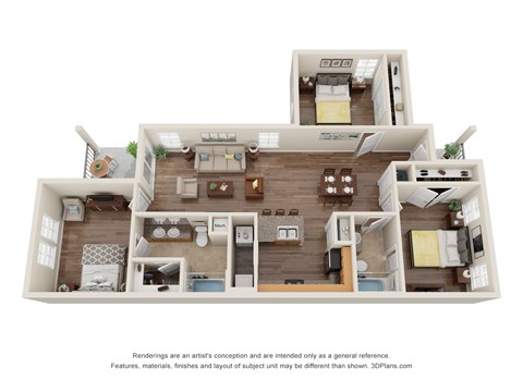 Floor plan for 3 beds, 2 baths, 1105 sqft