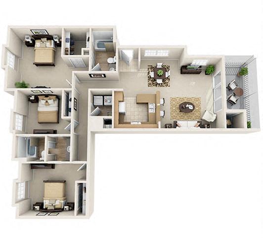 Floor plan for 3 beds, 2 baths, 1455 sqft