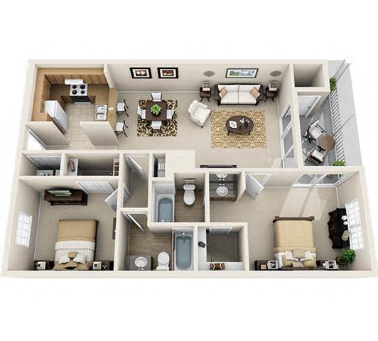 Floor plan for 2 beds, 2 baths, 1157 sqft