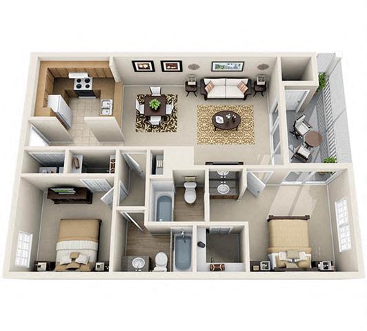Floor plan for 2 beds, 2 baths, 1068 sqft