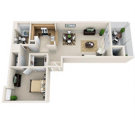 Floor plan for 1 bed, 1 bath, 870 sqft