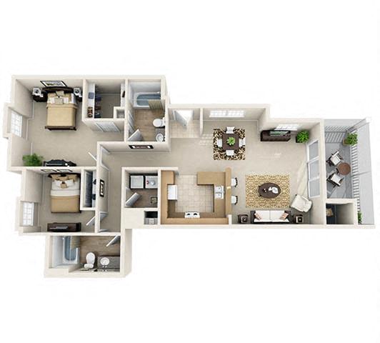 Floor plan for 2 beds, 2 baths, 1244 sqft