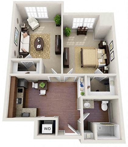 Floor plan for 1 bed, 1 bath, 686 sqft
