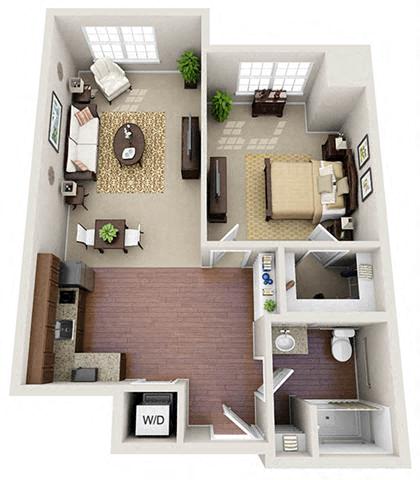 Floor plan for 1 bed, 1 bath, 685 sqft