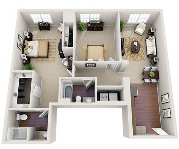 Floor plan for 2 beds, 2 baths, 1142 sqft