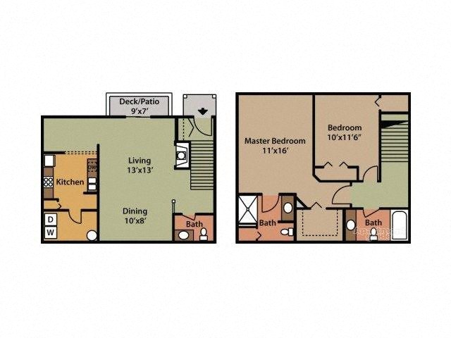Floor plan for 2 beds, 2.5 baths, 1321 sqft