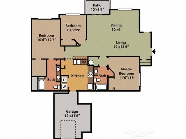 Floor plan for 3 beds, 2 baths, 1305 sqft