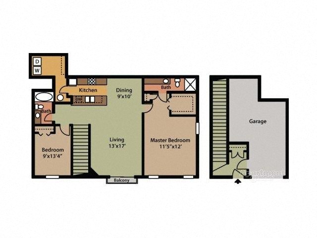 Floor plan for 2 beds, 2 baths, 1178 sqft
