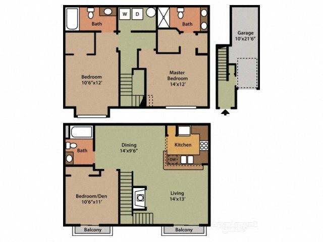 Floor plan for 3 beds, 3 baths, 1428 sqft