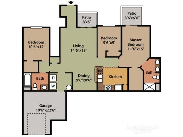 Floor plan for 3 beds, 2 baths, 1289 sqft